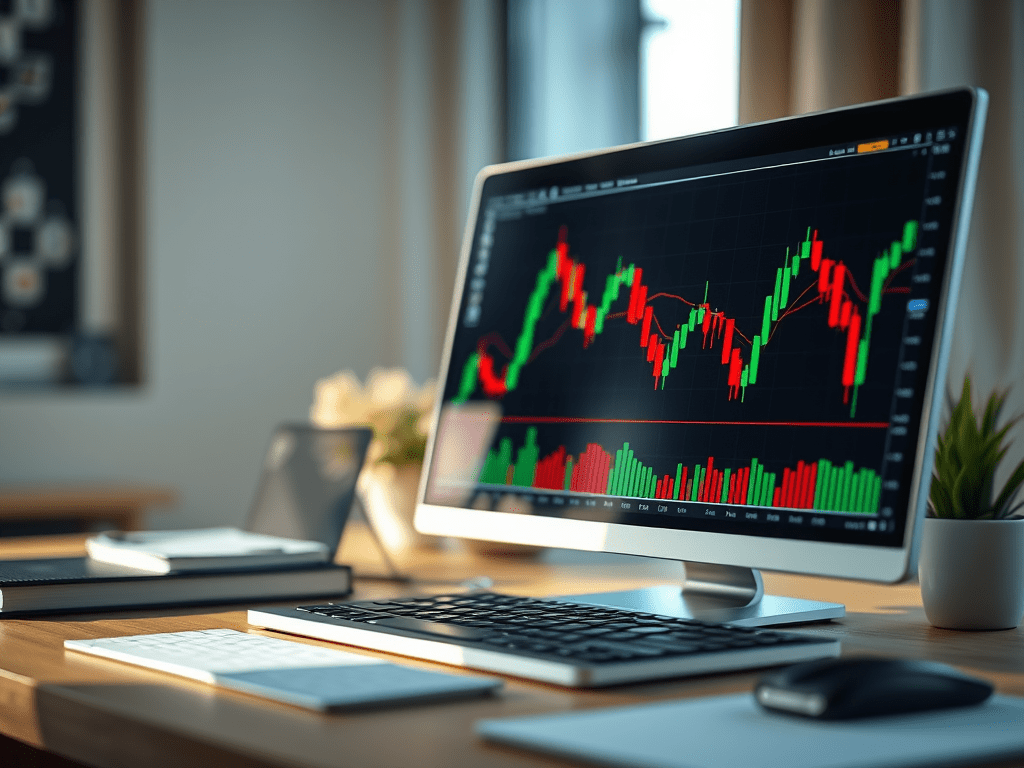 A monitor on a desk that displays stock trading charts with candlestick and price trends, illustrative image that depicts a typical trader office